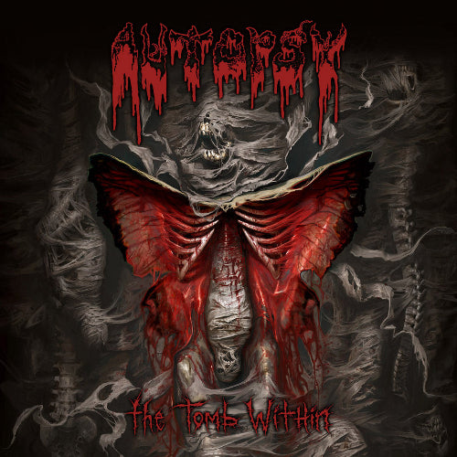 The image displays the cover art for the vinyl record 'Autopsy - The Tomb Within'. It features a menacing and atmospheric design with a large, red, winged creature in a dark, smoke-filled background.