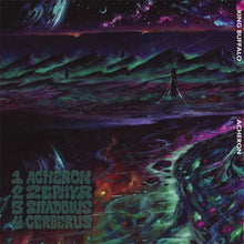 Load image into Gallery viewer, King Buffalo - Acheron back album cover with cosmic landscape and text &#39;Acheron&#39;, &#39;Zephyr&#39;, &#39;Shadows&#39;, &#39;Cerberus&#39;.