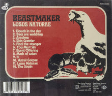 Charger l'image dans la galerie, back album cover for 'Beastmaker Locus Naturae' with a dinosaur illustration and tracklist on a red background.