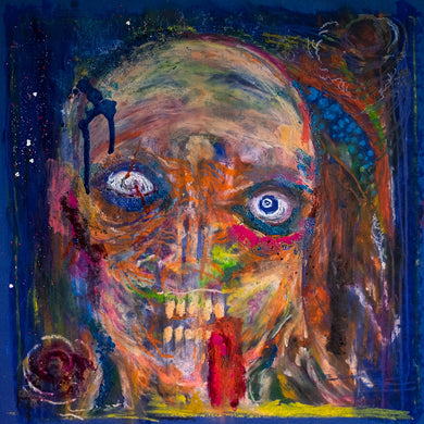 Abstract painting of a face with colorful textures and patterns
