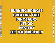 Load image into Gallery viewer, Text on a yellow background with phrases like &#39;Burning Bridges&#39;, &#39;Breaking Free&#39;, and &#39;Let the Magick In&#39;.