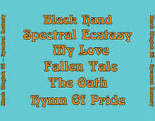 Load image into Gallery viewer, Text on a blue background with orange text listing album names and titles.