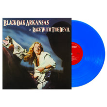 Load image into Gallery viewer, Vinyl record with 'Black Oak Arkansas' and 'Race With The Devil' on the cover, featuring a blue record and red label.