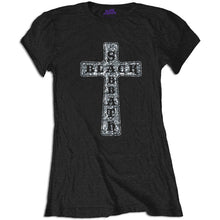 Load image into Gallery viewer, Black t-shirt with a cross design and &#39;Black Sabbath&#39; text on a white background