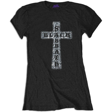 Black t-shirt with a cross design and 'Black Sabbath' text on a white background