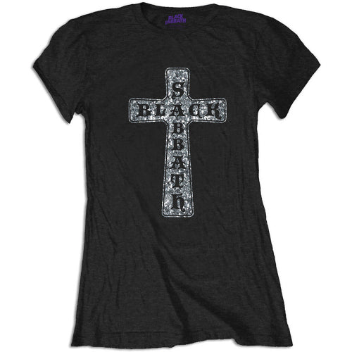 Black t-shirt with a cross design and 'Black Sabbath' text on a white background