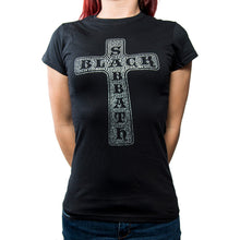 Load image into Gallery viewer, woman wearing a Black Sabbath t-shirt with a cross design on a white background