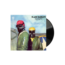 Load image into Gallery viewer, Black Sabbath band members in military-style clothing and gas masks, standing in front of a colorful backdrop with the band's name and album title 'Never Say Die!'.