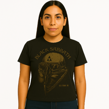 Cargar imagen en el visor de la galería, A woman wearing Black t-shirt with Black Sabbath graphic design on a white background