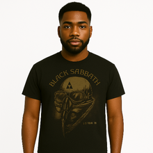 Cargar imagen en el visor de la galería, A man wearing Black t-shirt with Black Sabbath graphic design on a white background