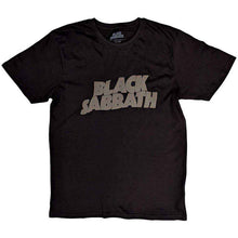 Load image into Gallery viewer, Black t-shirt with &#39;Black Sabbath&#39; logo on a white background