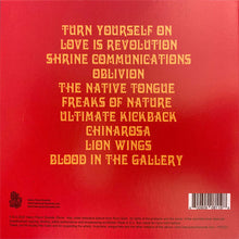 Load image into Gallery viewer, Red background with yellow text listing album or music track names.