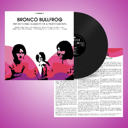 Vinyl record with cover featuring silhouettes of people and text on a pink background