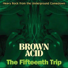 Load image into Gallery viewer, Album cover for Brown Acid The Fifteenth Trip featuring a green tinted photograph of a person with text overlay.