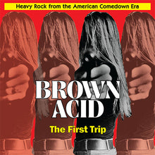 Load image into Gallery viewer, CD cover art for Brown Acid - The First Trip featuring a black and white image of a person with long hair in front of a red background. Text on the cover indicates the name of the compilation and its genre.