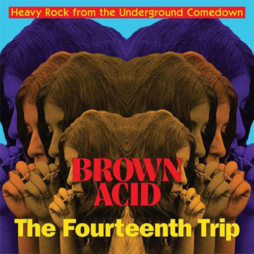 Album cover for 'Brown Acid: The Fourteenth Trip' with multiple faces and text on a blue and purple background.