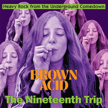 Load image into Gallery viewer, Album cover for Brown Acid - The Nineteenth Trip featuring a collage of black and white photographs of a female musician with purple hair, surrounded by the same image repeated. The title text is in orange at the bottom.
