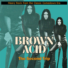 Charger l'image dans la galerie, CD cover art for Brown Acid - The Second Trip featuring a monochrome photograph of three individuals with the band name 'Brown Acid' prominently displayed.
