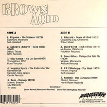 Load image into Gallery viewer, Album back cover with tracklist and record labels for 'Brown Acid' compilation