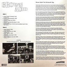 Cargar imagen en el visor de la galería, Album back cover with text and black and white photos, featuring the band Brown Acid.