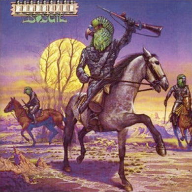 Budgie - Bandolier Album cover art featuring a fantasy-themed illustration with a character on horseback, surrounded by a fantasy landscape with a moon and horses in the background.