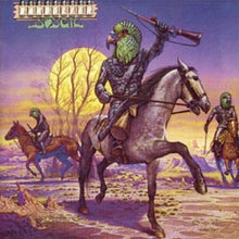 Cargar imagen en el visor de la galería, Budgie - Bandolier Album cover art featuring a fantasy-themed illustration with a character on horseback, surrounded by a fantasy landscape with a moon and horses in the background.