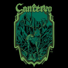 Load image into Gallery viewer, Stylized illustration of a deer with large antlers in a forest, framed by decorative elements and text on a black background.