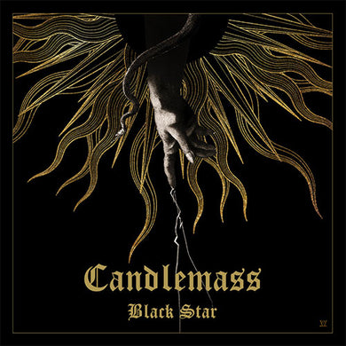 Album cover for 'Black Star' by Candlemass with a hand holding a candle against a dark background.
