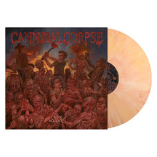 Load image into Gallery viewer, Vinyl record with a marbled design and &#39;Cannibal Corpse&#39; label on a dark background