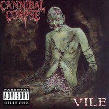 Cargar imagen en el visor de la galería, This image features the album cover for &quot;Vile,&quot; the fifth studio album by the American death metal band Cannibal Corpse. The cover artwork depicts a disturbing and intricate illustration of a creature with a human-like form, but with grotesque and mutated features, set against a dark, ominous background.