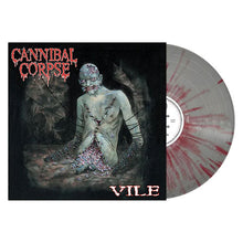 Cargar imagen en el visor de la galería, This image features the album cover for &quot;Vile,&quot; the fifth studio album by the American death metal band Cannibal Corpse. The cover artwork depicts a disturbing and intricate illustration of a creature with a human-like form, but with grotesque and mutated features, set against a dark, ominous background. Also shown is half of the blood splattered vinyl record.