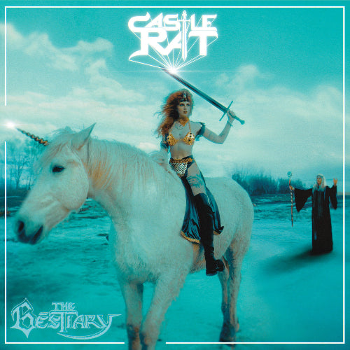 Album cover with a person on a unicorn holding a sword, against a blue sky.