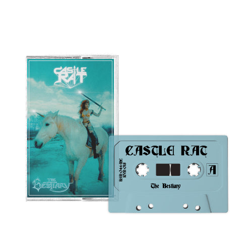 Cassette tape and cover with a person on a white horse, featuring the title 'The Bestiary' by Castle Rac.