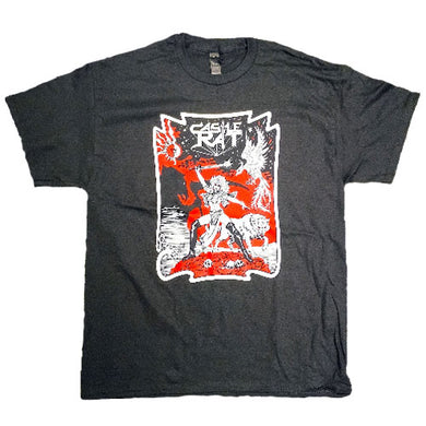 Black t-shirt with graphic design featuring a person and text on a white background