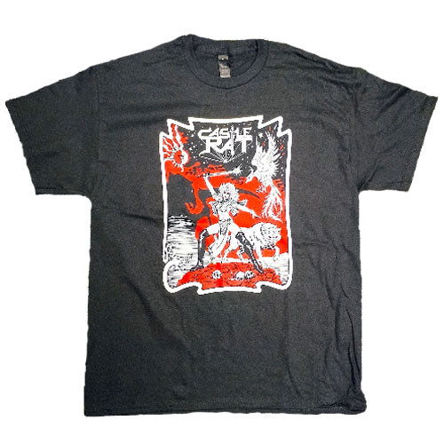 Black t-shirt with graphic design featuring a person and text on a white background