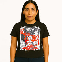 Cargar imagen en el visor de la galería, Person wearing a black t-shirt with a graphic design on a white background