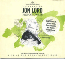 Cargar imagen en el visor de la galería, CD cover of 'Celebrating Jon Lord - The Composer' featuring an illustration of Jon Lord with a background suggestive of a classical music setting, including the Royal Albert Hall.
