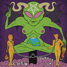 Load image into Gallery viewer, Green alien figure with a pentagram on its head, surrounded by two chained figures, on a purple background.