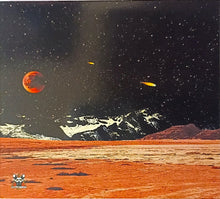 Cargar imagen en el visor de la galería, Artistic depiction of a Martian landscape with mountains, a red planet, and flying saucers.