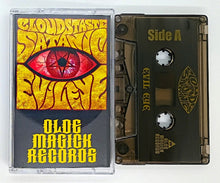 Load image into Gallery viewer, The image shows the cover of the cassette tape for the album 'Evil Eye' by Clouds Taste Satanic. It features a close-up of a red eye with a star in the center, surrounded by a yellow textured background with the band's name in stylized text.