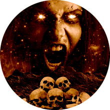 Cargar imagen en el visor de la galería, Mysterious figure with glowing eyes and fangs, surrounded by skulls in a dark, otherworldly setting.
