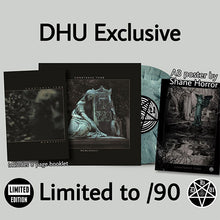 Charger l'image dans la galerie, Promotional graphic for a DHU Exclusive limited edition item, showing a black booklet, a vinyl record sleeve, and an A3 poster with gothic horror artwork. Text reads 'DHU Exclusive,' 'Limited to /90,' and 'Includes 8 page booklet.