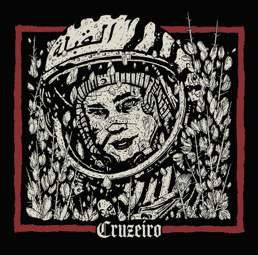 Illustration of a person wearing a helmet with intricate designs, surrounded by plants on a black background.