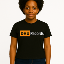 Load image into Gallery viewer, Person wearing a black t-shirt with &#39;DHU Records&#39; logo on a white background