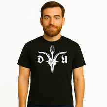 Load image into Gallery viewer, Man wearing a black t-shirt with a white logo on a white background