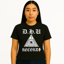 Load image into Gallery viewer, Person wearing a black t-shirt with &#39;D.H.U Records&#39; design
