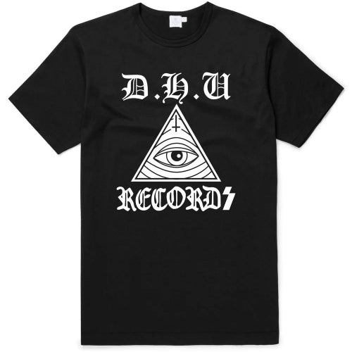 Black t-shirt with white graphic design and text on a white background