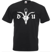 Load image into Gallery viewer, Black t-shirt with white logo on a white background