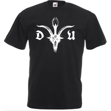 Black t-shirt with white logo on a white background