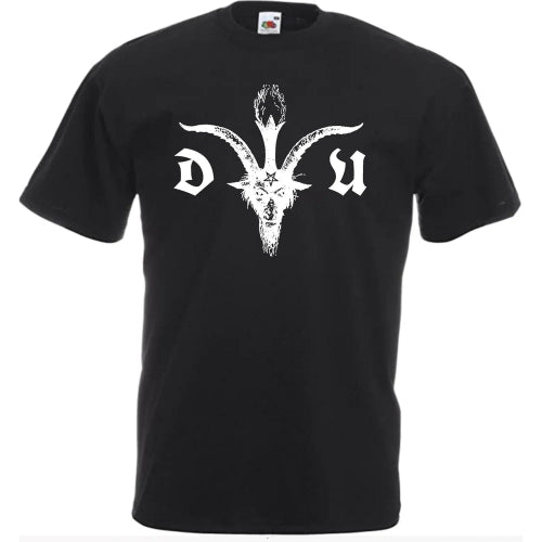 Black t-shirt with white logo on a white background